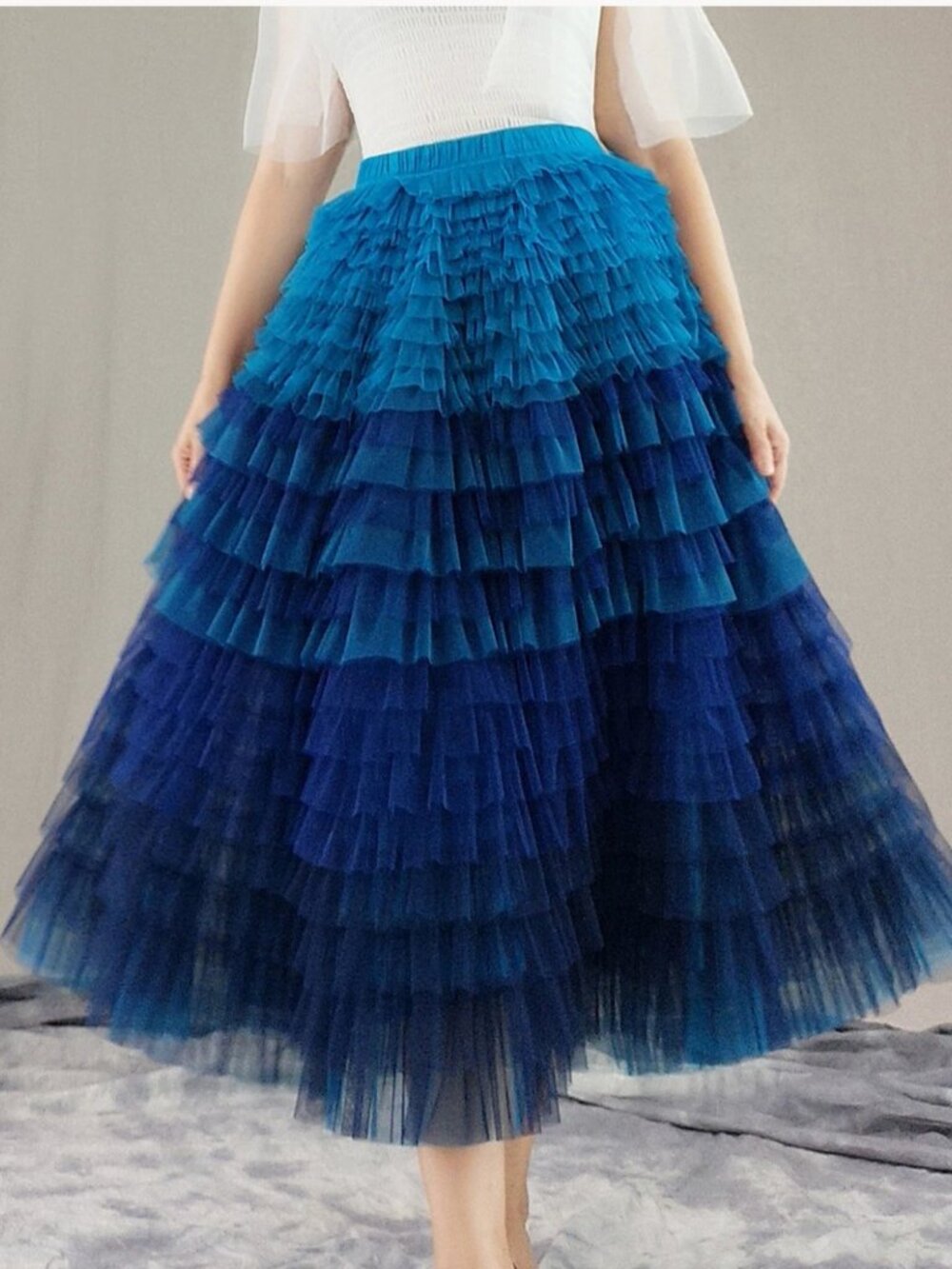 Blue Gradient Tulle Midi Skirt (Medium)